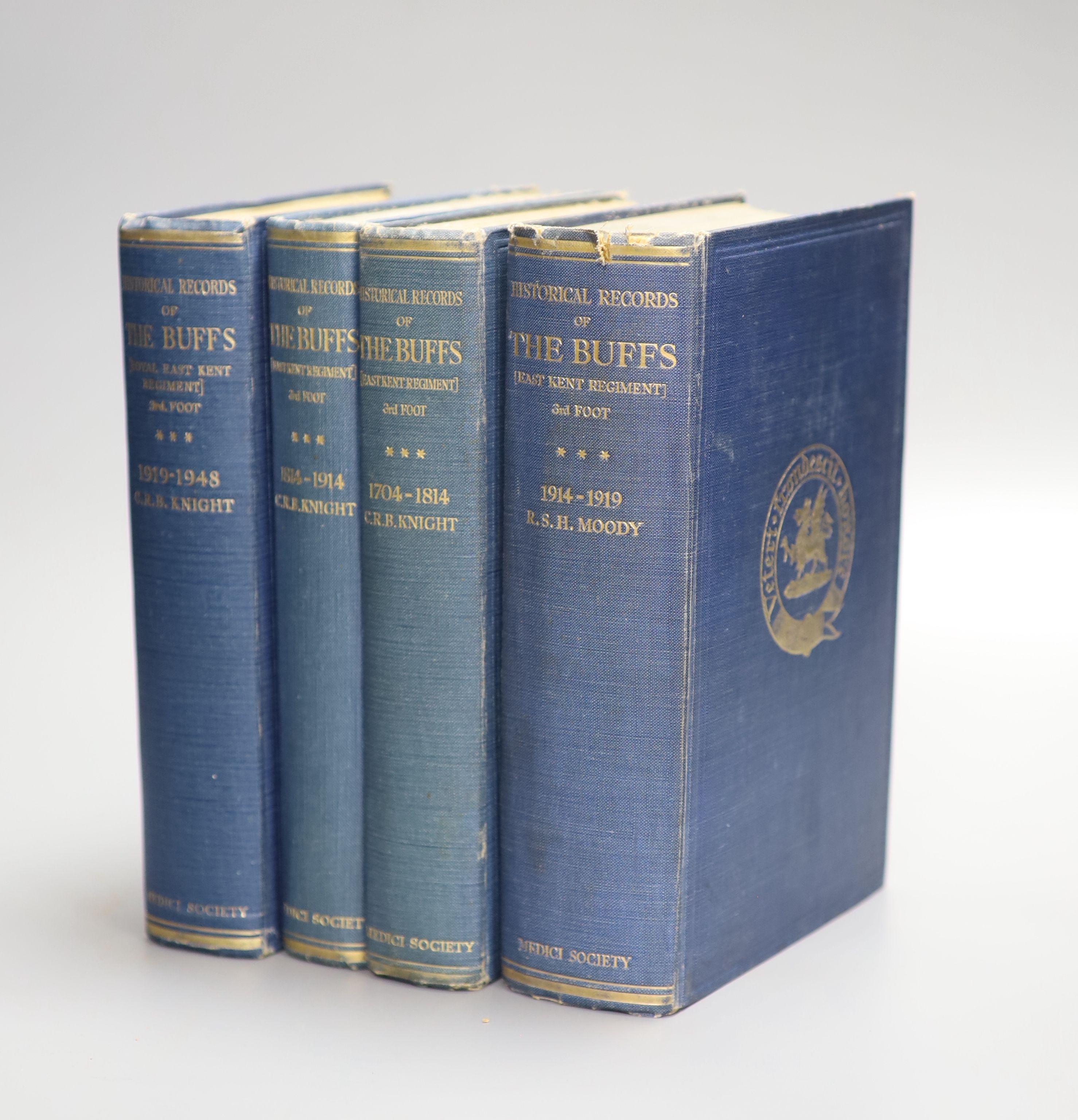 Knight, C.R.B and Moody, R.S.H - Historical Record of the Buffs, East Kent Regiment, 3rd Foot, 3 vols, (1704-1814, 1814-1914, and 1919-1948) qto, blue cloth gilt, London, 1935-51 and Moody, R.S.H (1914-1919), London, 192